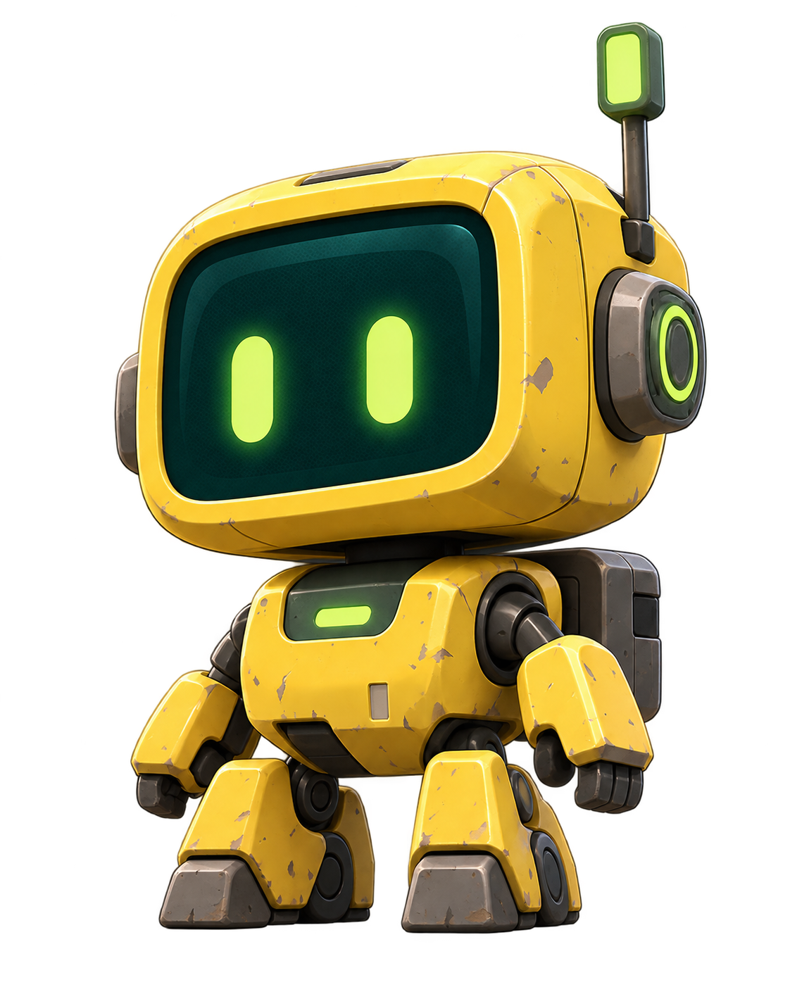 Dexbot, a little yellow robot with bright green eyes
